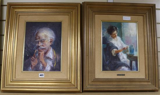 Alfredo Mompo Roca, two oils on canvas, man lighting a cigarette and woman decorating a vase, signed, 32 x 23cm